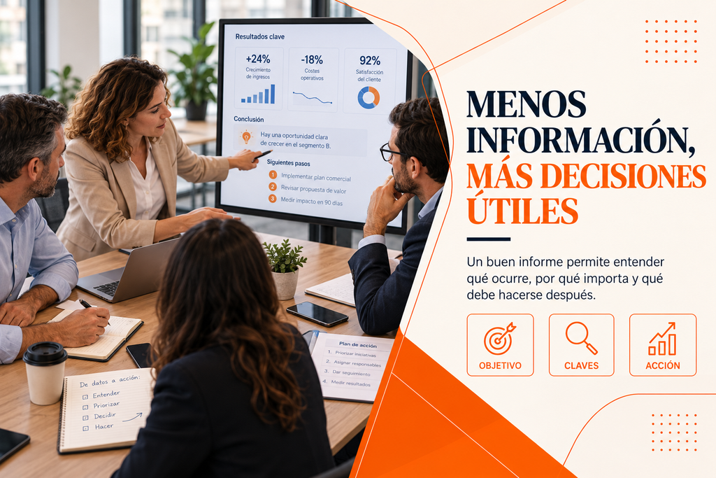 Reunión de cuatro profesionales analizando un cuadro de mando sencillo en una pantalla. En lugar de numerosos gráficos, aparecen únicamente algunos indicadores principales acompañados de objetivos y acciones. Una persona señala una conclusión concreta mientras el resto conversa y toma decisiones. La imagen debe transmitir claridad, colaboración y capacidad de convertir información en acciones.
